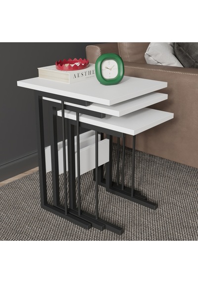 Oven 3'lü Metal Ayaklı Zigon Sehpa - Beyaz