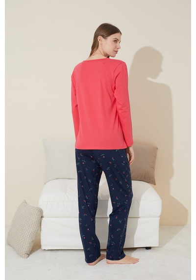 Siyah İnci Düğmeli Pamuklu Örme Pijama Takım 24240100 NAR ÇİÇEĞİ