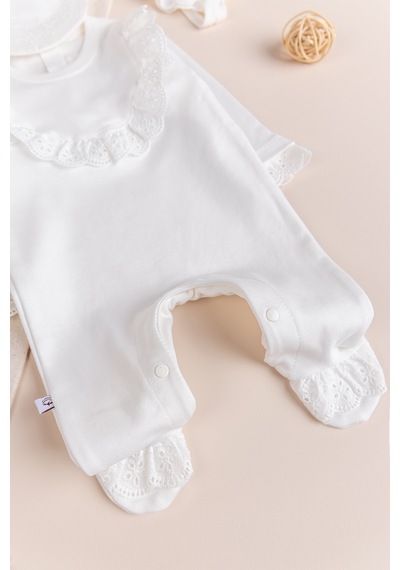 Babymod Fistolu Şapkalı 100% Pamuk Kız Bebek Tulum Krem Krem
