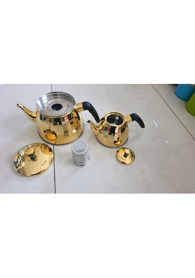 Gold Sarı Çaydanlık Seti 1.0 + 2.5 Litre Betahoff Paslanmaz Çelik İndüksiyon Uyumlu Kapsül Tabanlı Çaydanlık Takımı