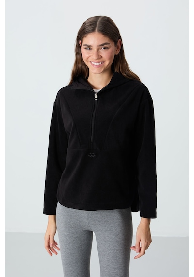 Tommy Life Siyah Kalın Yumuşak Dokulu Kapüşonlu Oversize Nakışlı Polar Kadın Sweatshirt -97286 Siyah