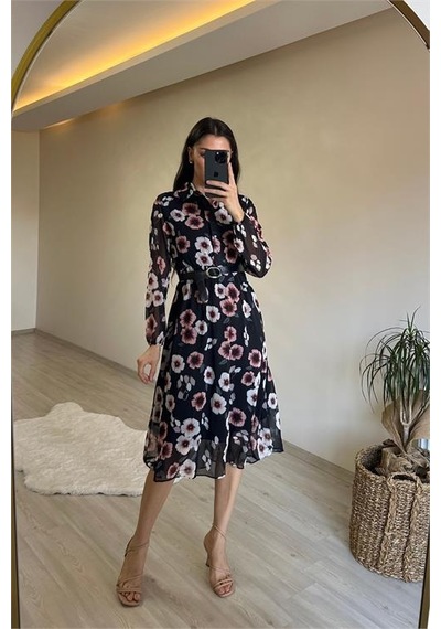 Neşeli Butik Kadın Desenli Gömlek Yaka Midi Elbise Nm011 Mor