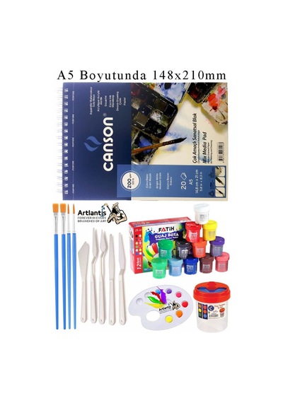 Canson Çok Amaçlı Sanatsal Blok A5 200 Gr 20 Yaprak 1 Adet 6 Renk Guaj Boya Fırça Palet Spatula Fırça Temizleme Kabı