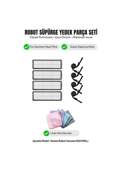 Robot Vacuum 5 Ov31gl İle Uyumlu 4 Yan Fırça 4 Filtre 1 Temizlik Bezi 10.0