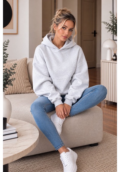 Lima Gri Kadın Kapüşonlu Oversize Sweatshirt Kanguru Cepli Düz Renk Uzun Kollu Sweat