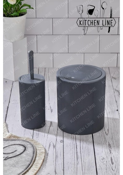 Yuvarlak Çöp Kovası & Yuvarlak Tuvalet Fırçası Seti Ikili Banyo Seti Koyu Gri Gri