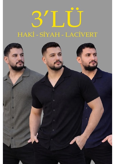 Assema Erkek Waffle Dokuma Açık Yakalı Düğmeli Regular Kalıp 3 Lü Gömlek Seti - Siyah, Haki, Lacivert Çok Renkli