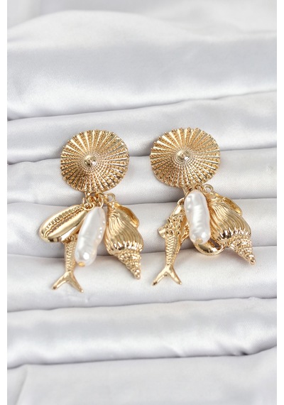 Gold Renk Deniz Temalı Vintage Kadın Küpe Altın