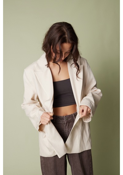 Keten Karışımlı Kuşaklı Blazer Ceket Bej