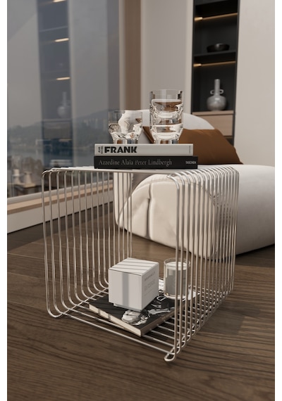 Miami Minimalist Metal Tel Yan Sehpa Modern Küp Yan Sehpa & Modüler Kitaplık Gümüş