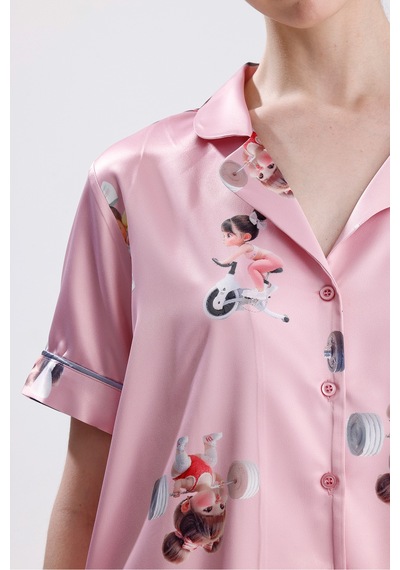Laperissa Luna Desenli Saten Şortlu Pijama Takımı Pembe