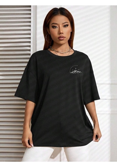 Moon Start T-shirt - Siyah Baskılı Oversize Bisiklet Yaka Kısa Kol SIYAH
