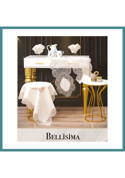 Trendexa Salon Takımı 5 Parça Keten Dantelli Masa Örtüsü Runner Seti Bellisima Model No 800 -krem-kapiçino Mac