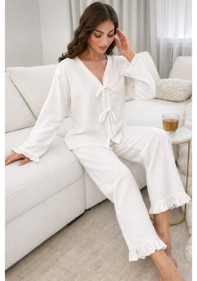 Elmoda Kadın Beyaz Volan Detaylı Önü Bağlamalı Pijama Takımı Beyaz Beyaz