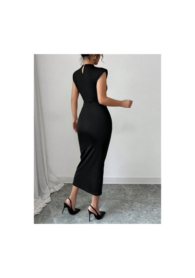 Butik İstanbul Kadın Yarı Balıkçı Yaka Kısa Kollu Çicek Aksesuar Detaylı Midi Dalgıç Elbise Siyah
