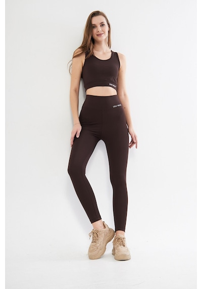 Lesa Wear Yüksek Bel Likralı Toparlayıcı Tayt Crop Takım Kahverengi