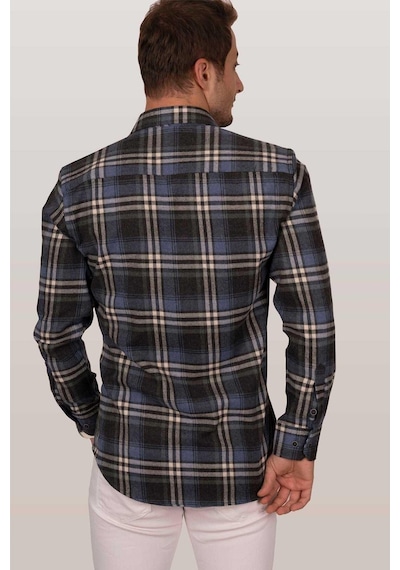 Lacivert Beyaz Oduncu Slimfit Erkek Gömlek Lacivert - Beyaz
