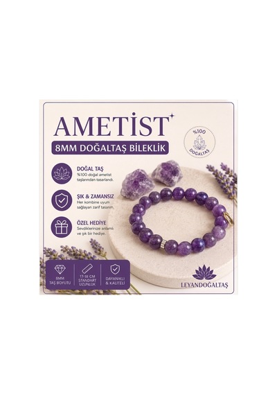 Ametist Doğal Taş Bileklik 8 Mm Şık Tasarım, Yetişkin Bileklik Mor Mor