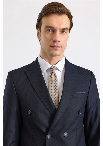 Süvari Lacivert Slim Kruvaze Yaka Düz Pike Torba Cep Yıkamalı 6 Drop Takım Elbise Tk1006900397-m09
