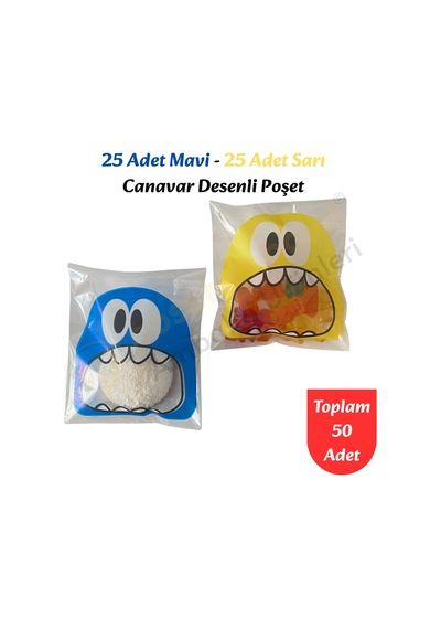 50 Adet Mavi-sarı Renkli Canavar Desenli Cake Pop & Kurabiye Poşeti-10x15 Cm
