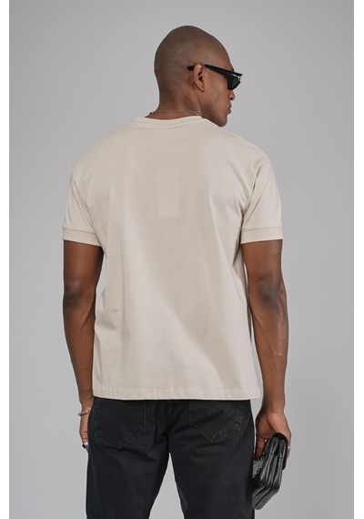 King Brich Slim Fit Kalıp Kolu Ribanalı Basic %100 Pamuklu Tişört Bej