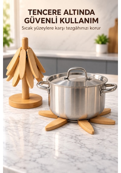 Bambu Katlanabilir Nihale Seti 3 Lü Standlı Tencere Tava Çaydanlık Altlığı Isıya Dayanıklı Tezgah Koruyucu Diğer