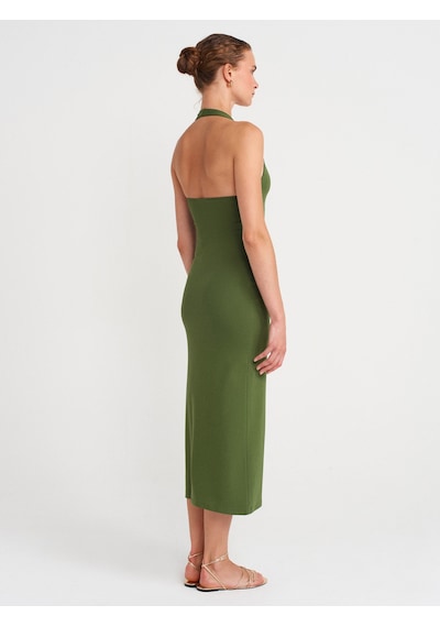 Dilvin 91476 Halter Yaka Midi Elbise-koyu Haki Koyu Haki