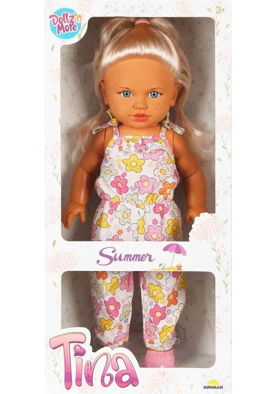 Tina Summer Sarışın Mavi Gözlü Et Bebek - 45 Cm Çiçekli Tulumlu Oyuncak Bebek