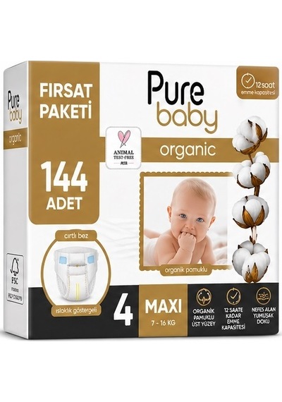 Pure Baby Organik Bebek Bezi 4 Beden 7-16 Kg Maxi 144 Adet 4 Numara