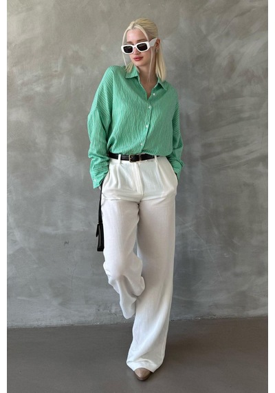 Madmext Yeşil Çizgili Oversize Kadın Gömlek Mg2327 Yeşil