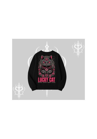Tarzsokak Lucky Cat Japon Tarzı Kedi Baskılı Biskilet Sweatshirt Siyah