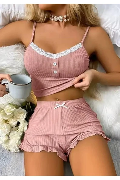 Genel Kadın Pudra Dantel Detaylı Şortlu Gecelik Pijama Takımı