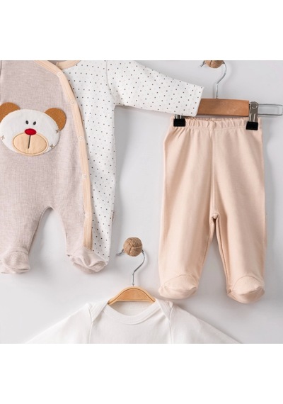 Candar 3 Ay Ayıcık Nakışlı Tulumlu Erkek Bebek 5'li Set Kahverengi Kahverengi