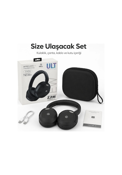 PELL T900 ANC Kablosuz Bluetooth 5.3 Kulak Üstü Kulaklık, Aktif Gürültü Engelleyici Kulaklık - Siyah