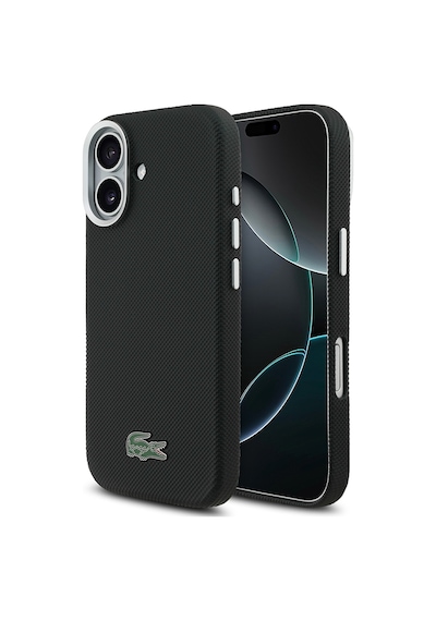Apple iPhone 17 Kılıf Lacoste Lisanslı M-safe Uyumlu Pvc Pike Desenli İkonik Timsah Logolu Kapak Siyah