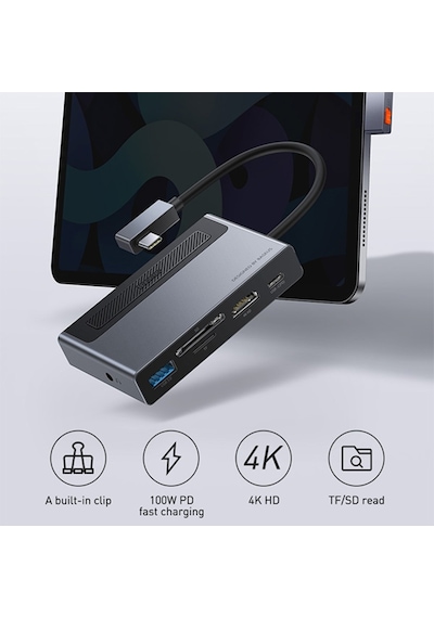 Baseus Magic Çok Fonksiyonlu Klipsli Type-C Hub 6In1 (Usb3.0+Sd+-Gri