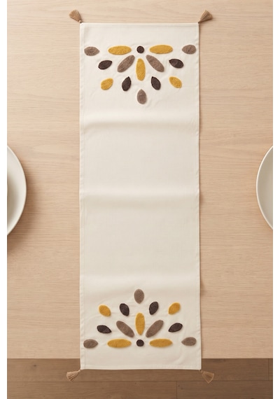 Güneş Damlası Renkli Punch Nakışlı Püsküllü Pamuk Runner Masa Örtüsü 40x130 Cm Vizon