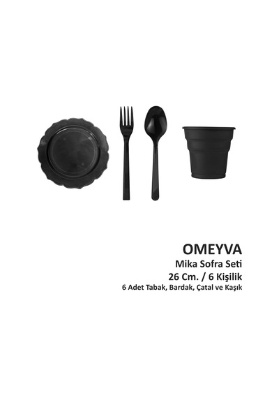 Omeyva Dayanıklı Mika Plastik Siyah Sorfa Piknik Seti - 6 Kişilik Tabak Bardak Çatal Kaşık Takımı
