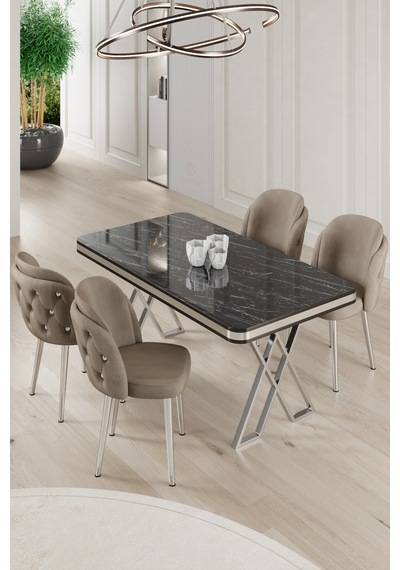 Canisa Rigel Serisi 80x130 Lak Panel Siyah Mermer Desen Masa Takımı Krom Ayaklı 4 Cappucino Sandalye Masa Siyah Mermer Desen Sandalye Cappucino Canisa Rigel Serisi 80x130 Lak Panel Siyah Mermer Desen Masa Takımı Krom Ayaklı 4 Cappucino Sandalye Masa Siyah Mermer Desen Sandalye Cappucino