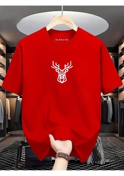 Geyik Baskılı Oversize Tişört Kirmizi