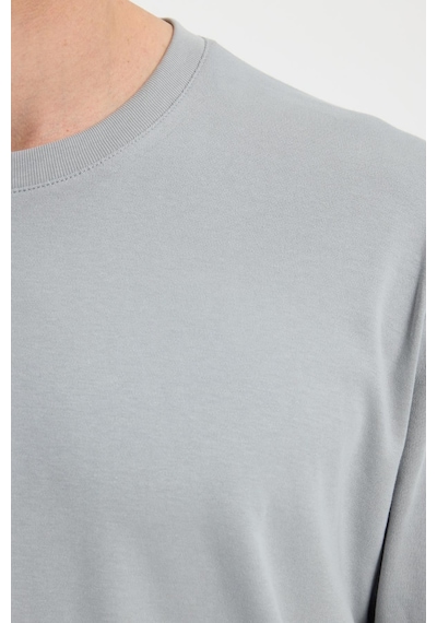 Tudors Unisex Relax Fit Rahat Kesim %100 Pamuk Uzun Kollu Bisiklet Yaka Gri Basic Tişört-41828 Gri
