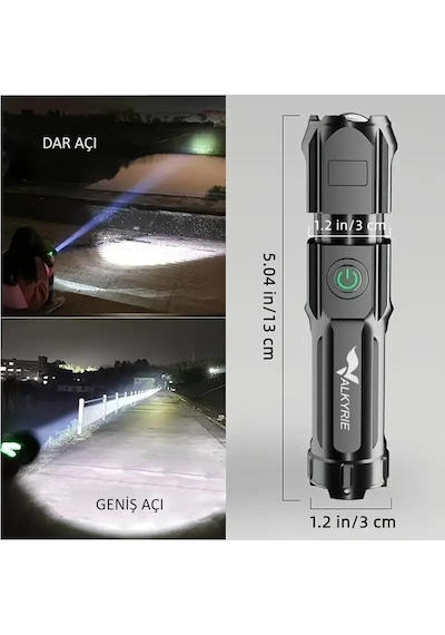 Valkyrie Şarjlı Ultra Güç El Feneri Zoom 3 Mod Type-c Uzun Kullanım Suya Dayanıklı Siyah