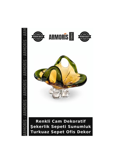 Renkli Cam Dekoratif Şekerlik Sepeti Sunumluk Turkuaz Sepet Ofis Dekor
