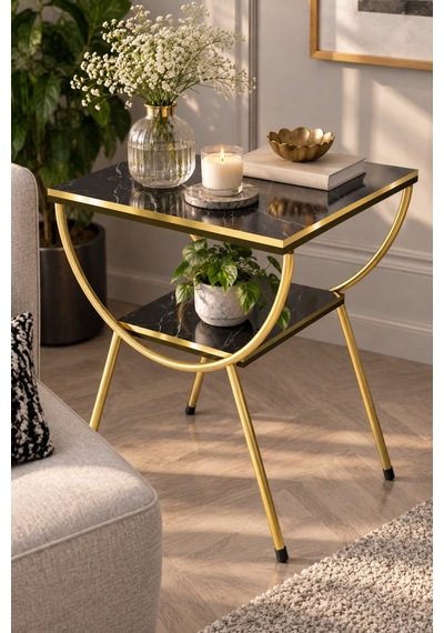 Sulorahome Yan Sehpa Komodin Siyah Mermer Desenli Gold Metal Ayaklı Siyah Mermer - Altın