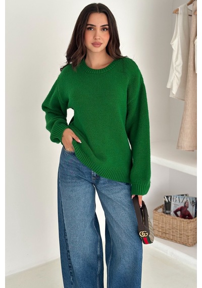 Femelle Yeşil Kadın Oversize Basic Triko Kazak - Standart Beden
