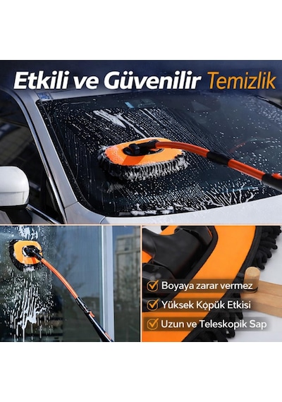 Coofbe Ayarlanabilir Teleskopik Mikrofiber Araç Yıkama Fırçası+yedek Bez Kuru Islak Oto Yıkama Fırçası 1 Adet