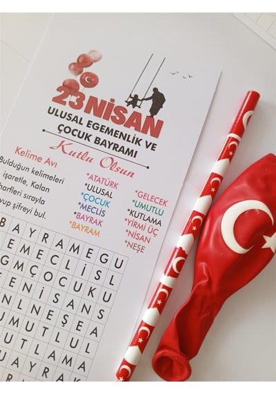 Farklı Market 23 Nisan Kelime Avı Türk Bayraklı Balon Ve Kalem 25 Adet Çok Renkli