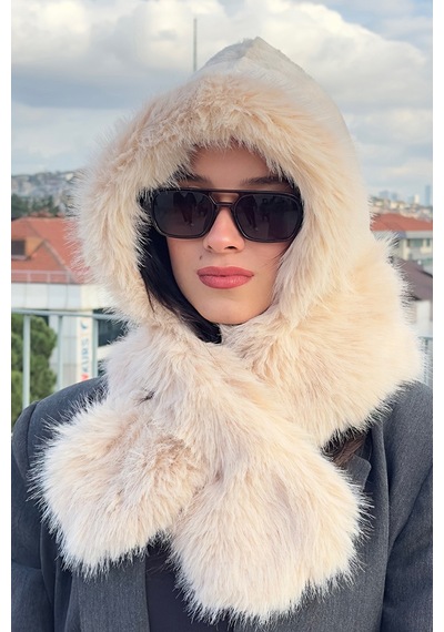 Mollycrush Kadın Bej Suni Kürk Eşarp Atkı Şapka Kışlık Sıcak Tutan Soft Peluş Model Bej
