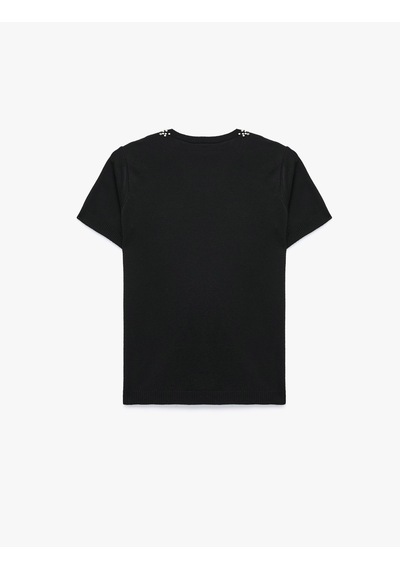 Koton Regular Fit Boncuklu Bisiklet Yaka Kısa Kollu Viskon Triko Kazak Siyah 7wak90135ht