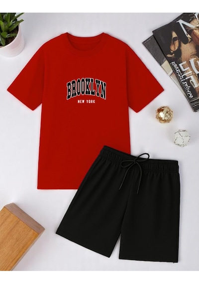 Uyguntarz Unisex Brooklyn Baskılı Tasarım Şort Takım Kırmızı
